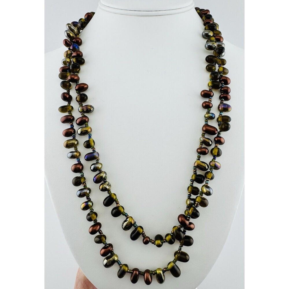 Vintage 48” Lampwork Glass Bead Necklace Iridescent AB Brown Green Artisan